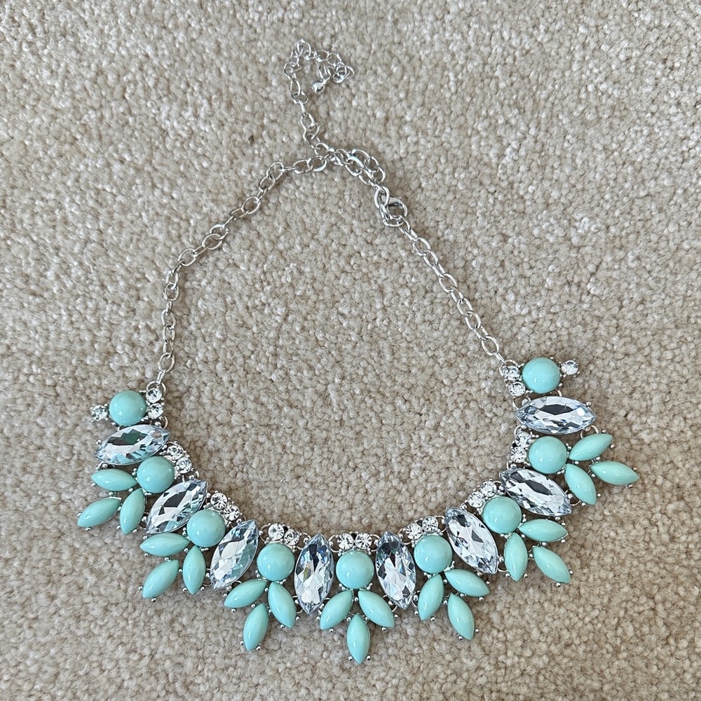 Statement Mint and Silver Crystal Bib Necklace - Women's Jewelry